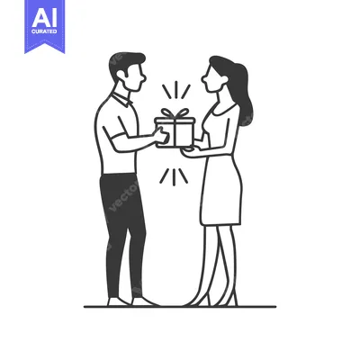 Man giving a gift to a woman in black and white line art style