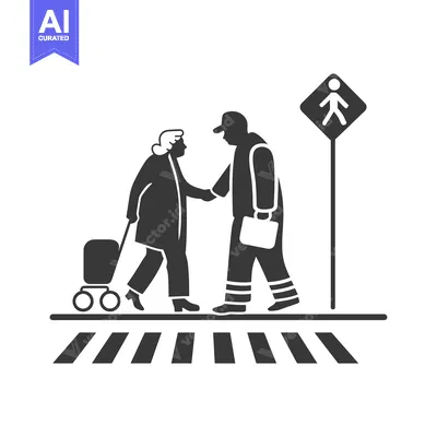 Premium design asset: Man Helping Elderly Woman Cross Crosswalk with Rolling Suitcase