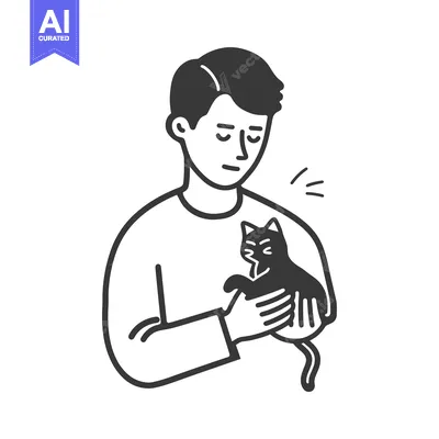 Aset desain premium: Man Holding a Black Cat in His Arms