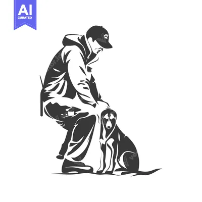 Man in a Cap Kneeling Next to a Dog