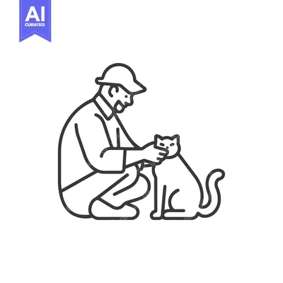 Aset desain premium: Man in Hat Kneeling and Petting a Cat