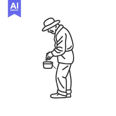 Aset desain premium: Man in Hat Planting Seeds in Pot