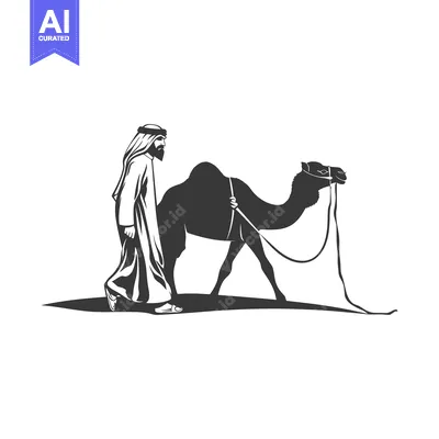 Aset desain premium: Man in Traditional Clothing Leading a Camel