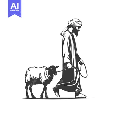 Premium design asset: Man in Traditional Clothing Leading a Sheep