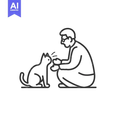 Aset desain premium: Man Kneeling and Looking at a Cat
