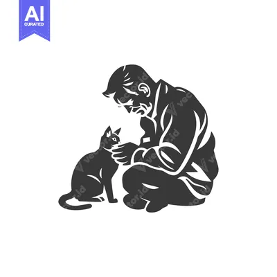 Aset premium populer: Man Kneeling with a Cat on a White Background