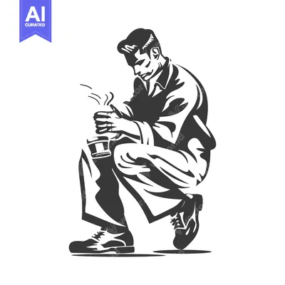 Aset desain premium: Man Kneeling with Cup in Hand, Steam Rising