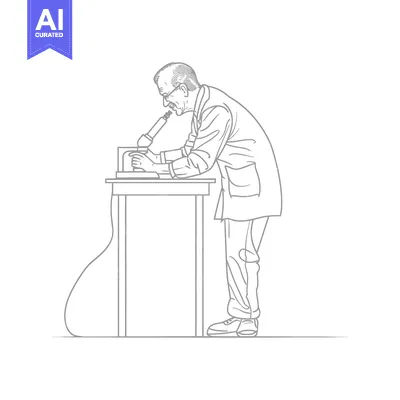 Aset desain premium: Man looking through a microscope, standing at a table