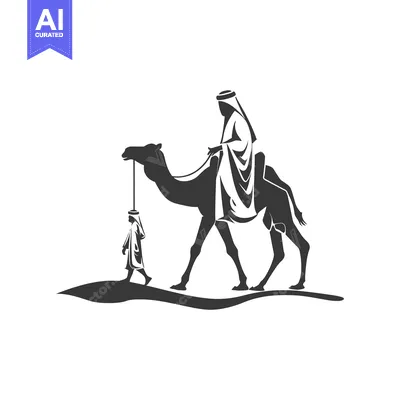 Aset desain premium: Man Riding a Camel with a Small Child Walking Behind