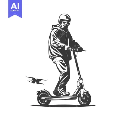 Aset desain premium: Man Riding Electric Scooter with Helmet and Sunglasses