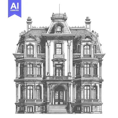 Aset desain premium: Detailed illustration presents a classical mansion with many architect