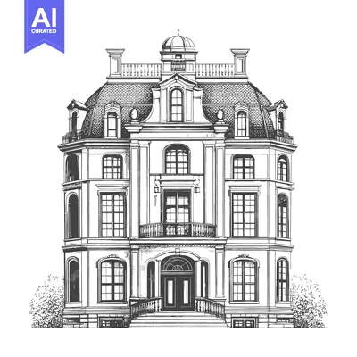 Aset premium populer: Detailed black and white line drawing of a grand mansion facade