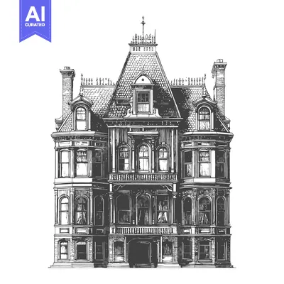 Aset desain premium: A detailed ink drawing depicts a large multi story residential house
