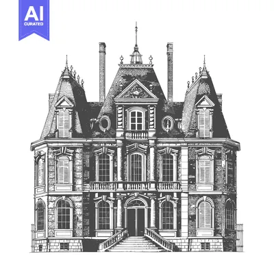 Popular premium asset: Detailed black and white drawing of a grand historical building facade