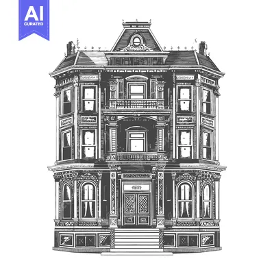 Aset premium populer: A detailed black and white illustration of an ornate Victorian house