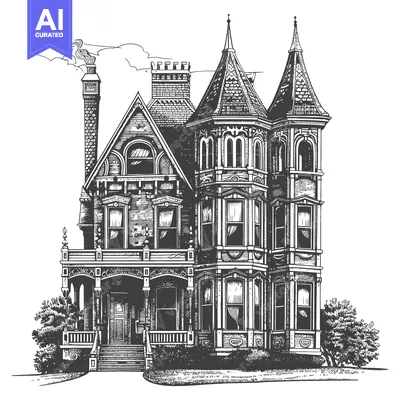 Popular premium asset: Detailed black and white illustration of a grand Victorian style home