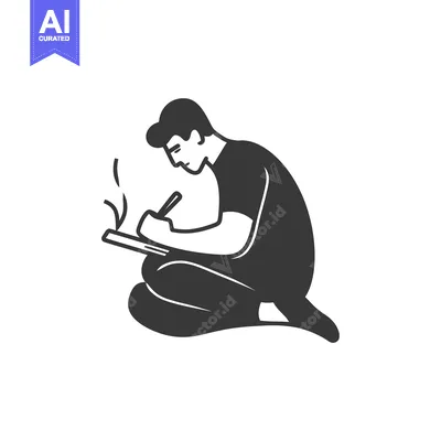 Aset desain premium: Man Sitting and Drawing on a Pad