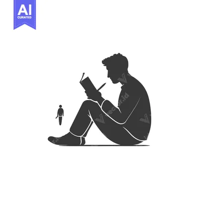 Premium design asset: Man Sitting and Reading a Book with Small Person Standing Behind Him