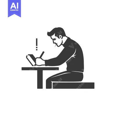 Aset premium populer: Man sitting at a table, writing in a notebook with an exclamation poin
