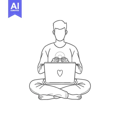 Man Sitting in Lotus Pose Using Laptop with Heart on Screen