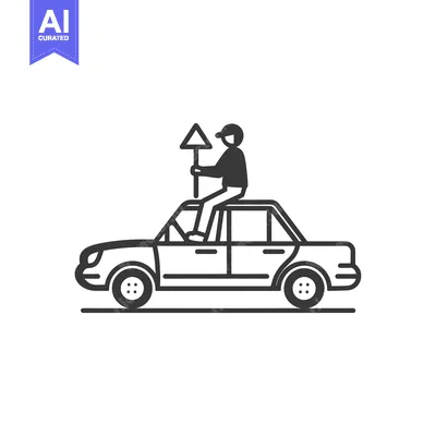 Aset premium populer: Man Sitting on Car Roof Holding a Triangle Sign