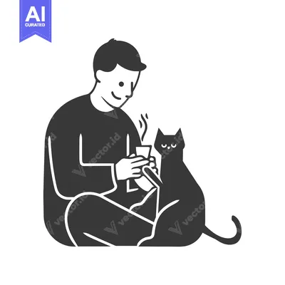Aset desain premium: Man Sitting with a Cat and Holding a Cup of Coffee