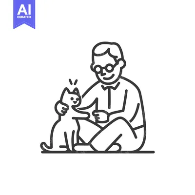 Aset desain premium: Man Sitting With A Cat Reaching Up To Him