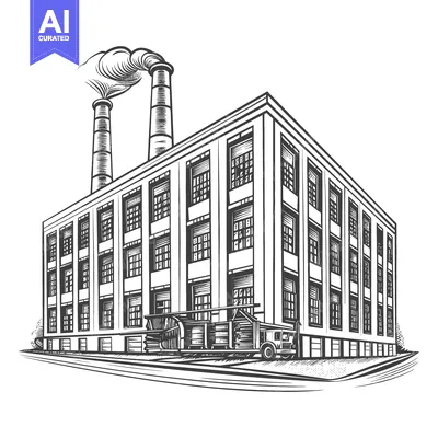Aset desain premium: A Large Industrial Factory Building With Smoking Chimneys And A Truck