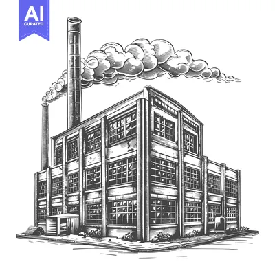 Aset desain premium: Detailed grayscale illustration of a large industrial factory building