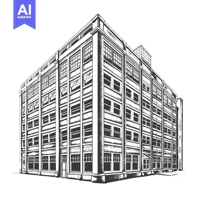 Aset desain premium: A large multi story industrial building illustration in black and whit