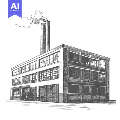 Aset desain premium: A vintage illustration depicts an industrial factory with smoke billow