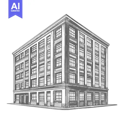 Aset premium populer: A tall multi story building corner rendered in an artistic line drawin