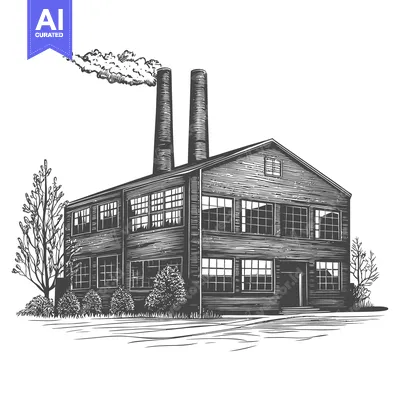 Premium design asset: Detailed pen and ink drawing of an industrial factory building