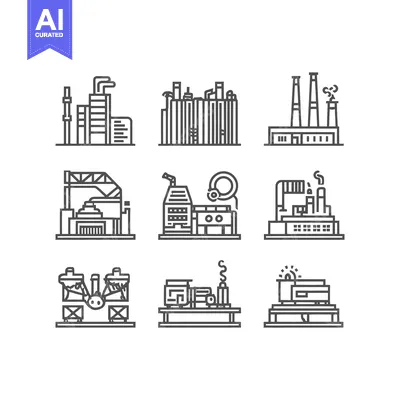 Aset premium populer: Industrial Factory Icons: Minimalist Line Art Grid of Production Facil