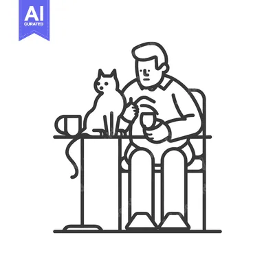 Aset desain premium: Man with a Cat Drinking Coffee at a Table