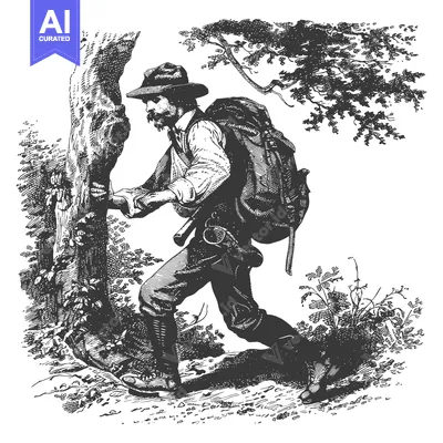 Aset desain premium: Man with Backpack Walking Through Trees