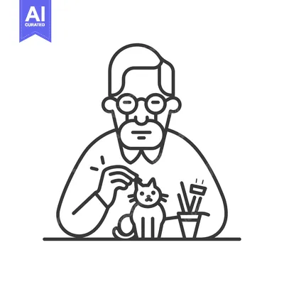 Aset desain premium: Man with Glasses Sitting at a Table with a Cat and Plants