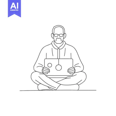 Aset desain premium: Man with glasses sitting cross-legged, using a laptop