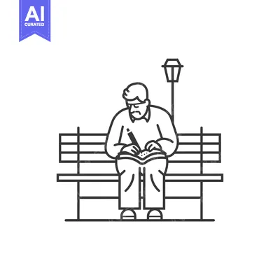 Aset desain premium: Man Writing in Notebook on Bench Under Streetlight