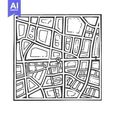 A square black and white illustration of a city map