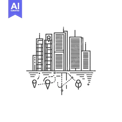 Aset desain premium: Line drawing shows city buildings with location markers and route
