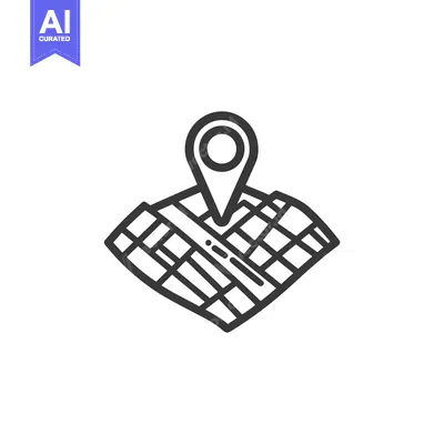 Aset desain premium: A detailed black and white icon depicting a map and location marker