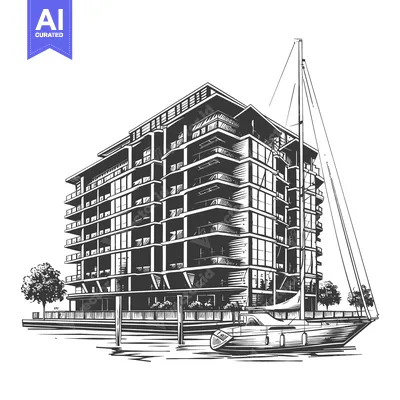 Aset desain premium: A large building and boat illustration drawn in grayscale