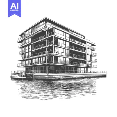 Aset desain premium: The illustration depicts a modern multi story building on the water