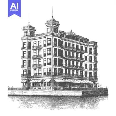 Detailed monochrome illustration of an elegant waterside building exte
