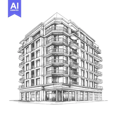 An architectural illustration depicting a large multi story residentia