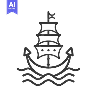 Aset premium populer: A minimalist illustration depicting a ship and an anchor on waves
