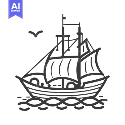 Aset premium populer: A stylized black and white illustration depicting a sailing ship on wa