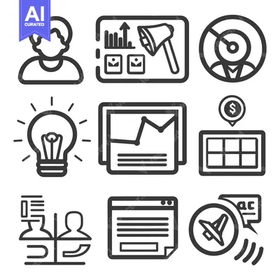 Aset premium populer: Various digital icons representing business and analytical concepts ar