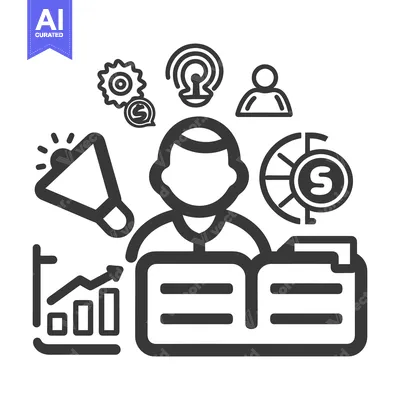 A business person surrounded by icons of ideas and analytics
